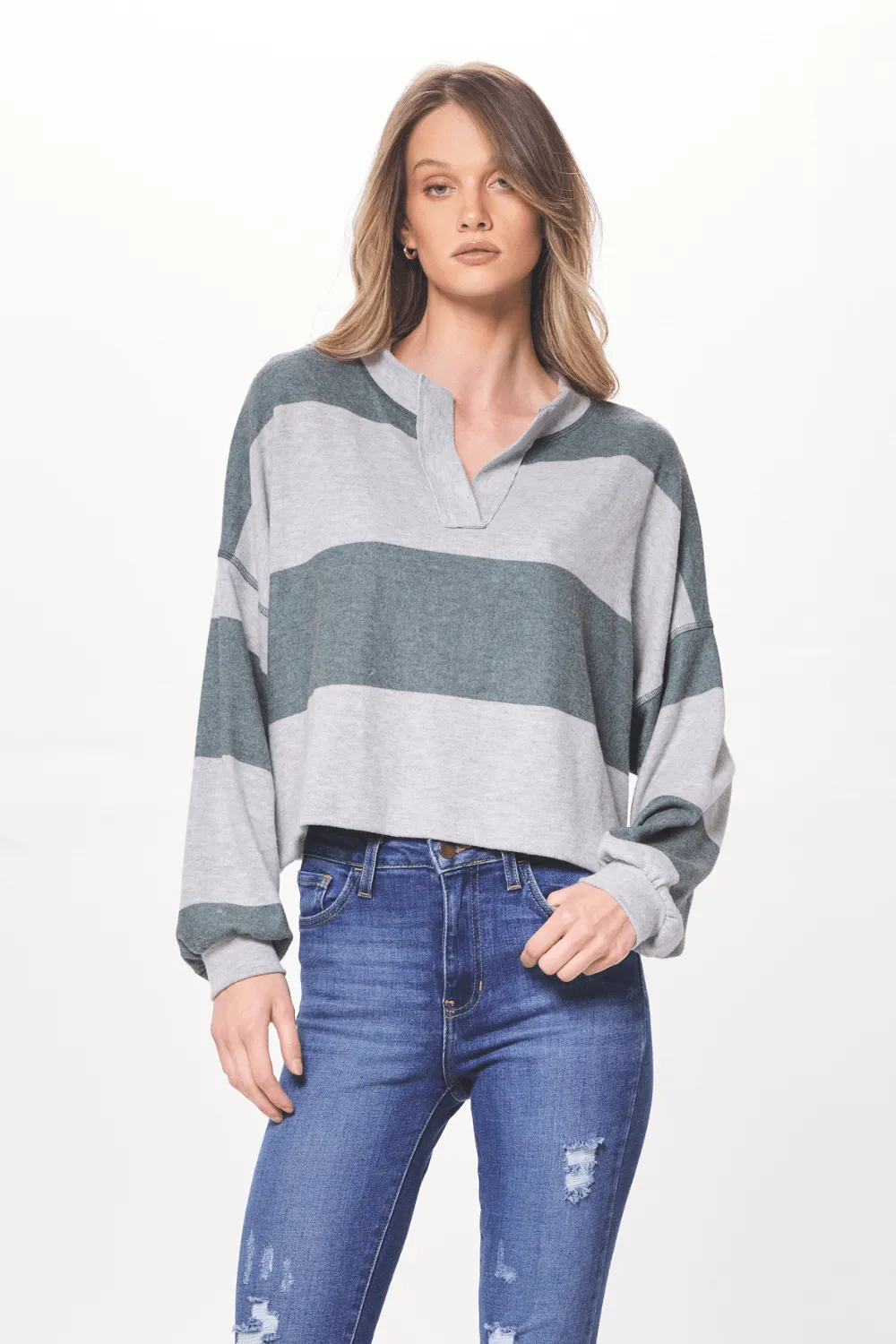 Heather Grey & Hunter Green Striped Rugby Long Sleeve Top sold by Vintage Havana