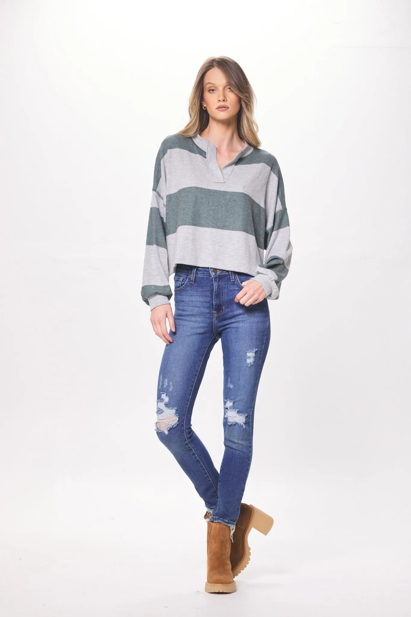Heather Grey & Hunter Green Striped Rugby Long Sleeve Top sold by Vintage Havana product image thumbnail 4