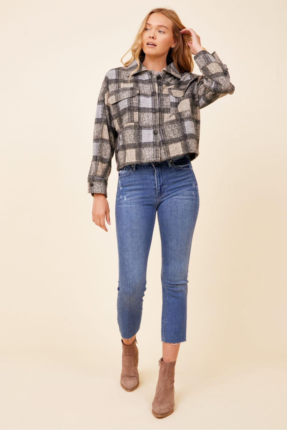 Winter Frost Plaid Knitted Cropped Shacket w/ Back Applique sold by Vintage Havana product image thumbnail 3