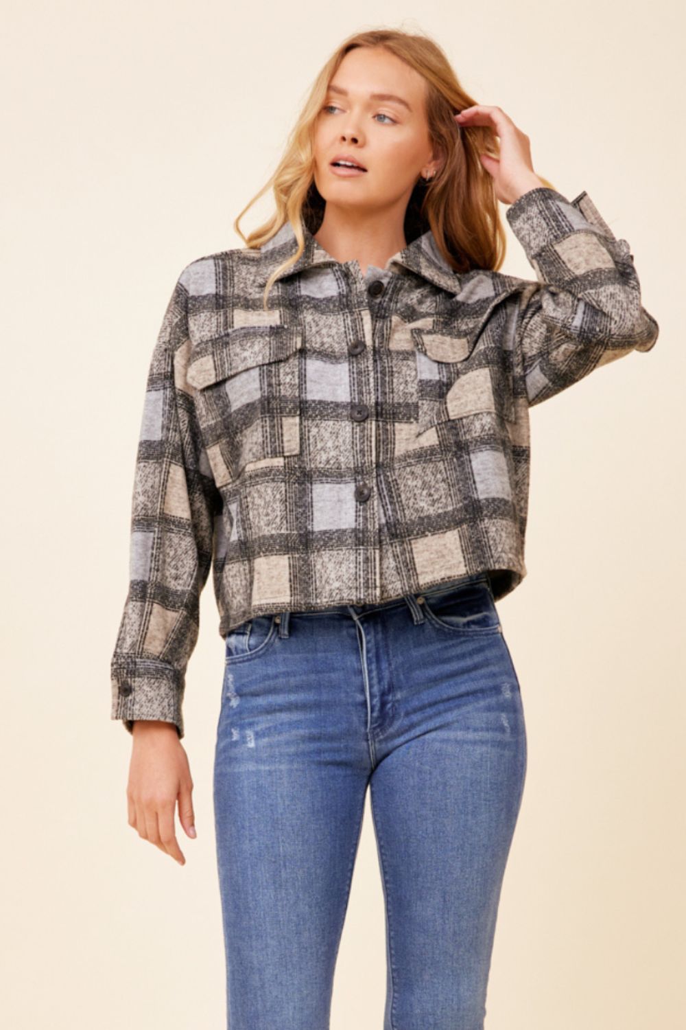 Winter Frost Plaid Knitted Cropped Shacket w/ Back Applique sold by Vintage Havana