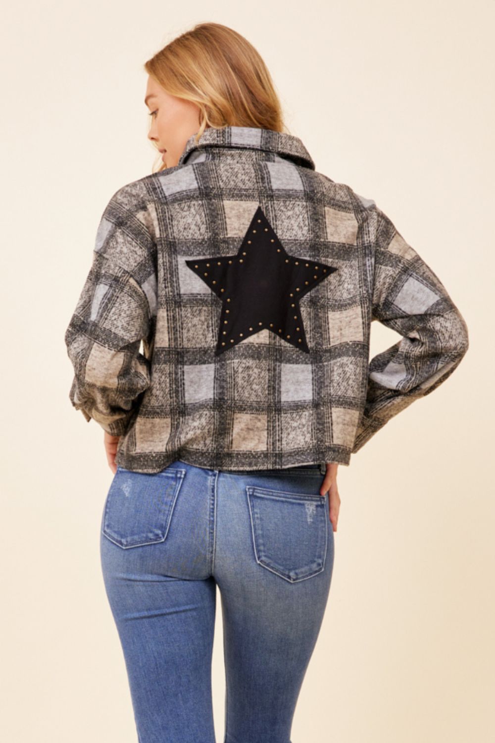 Winter Frost Plaid Knitted Cropped Shacket w/ Back Applique sold by Vintage Havana product image thumbnail 2
