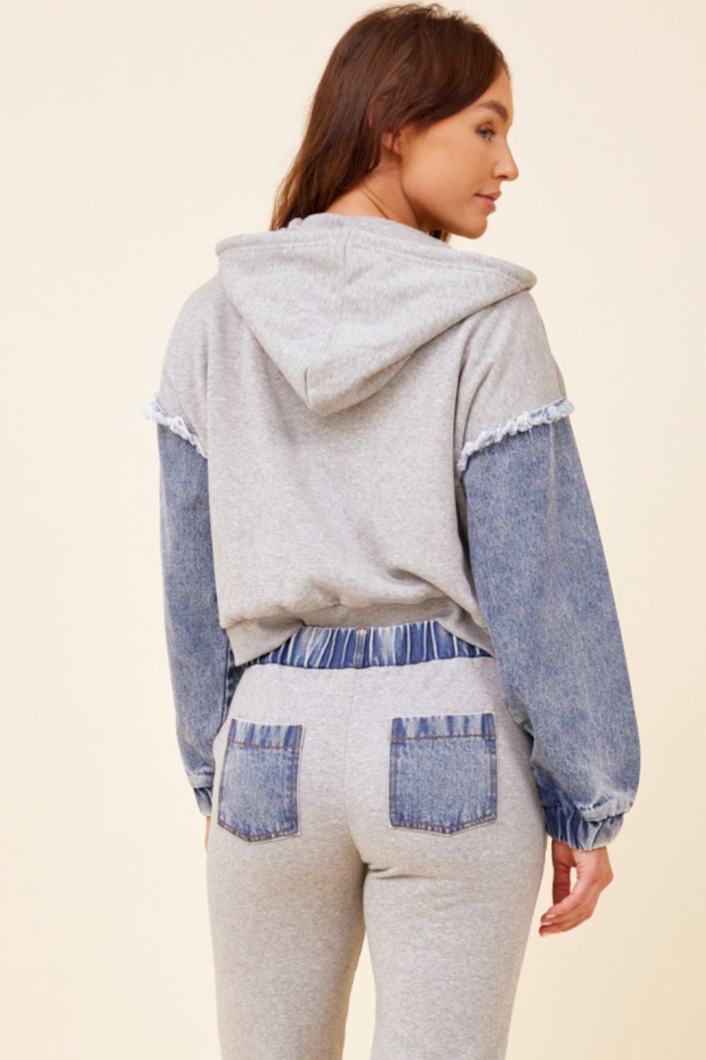 Heathered Grey & Washed Denim Fleece Combo Zip Up Hoodie sold by Vintage Havana product image thumbnail 2