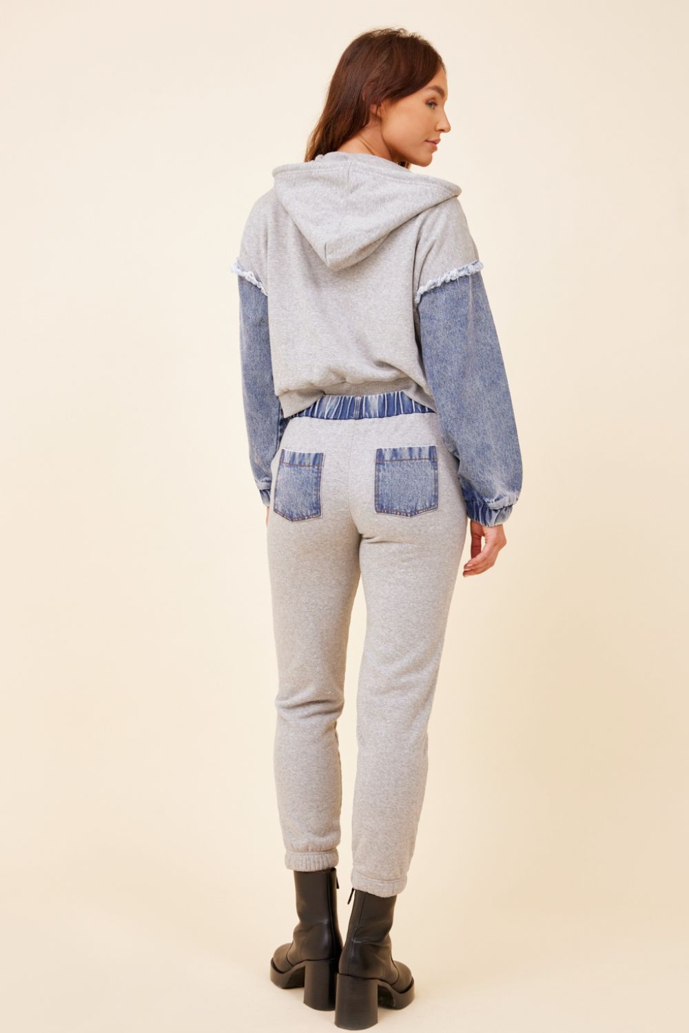 Heathered Grey & Washed Denim Fleece Combo Zip Up Hoodie sold by Vintage Havana product image thumbnail 4