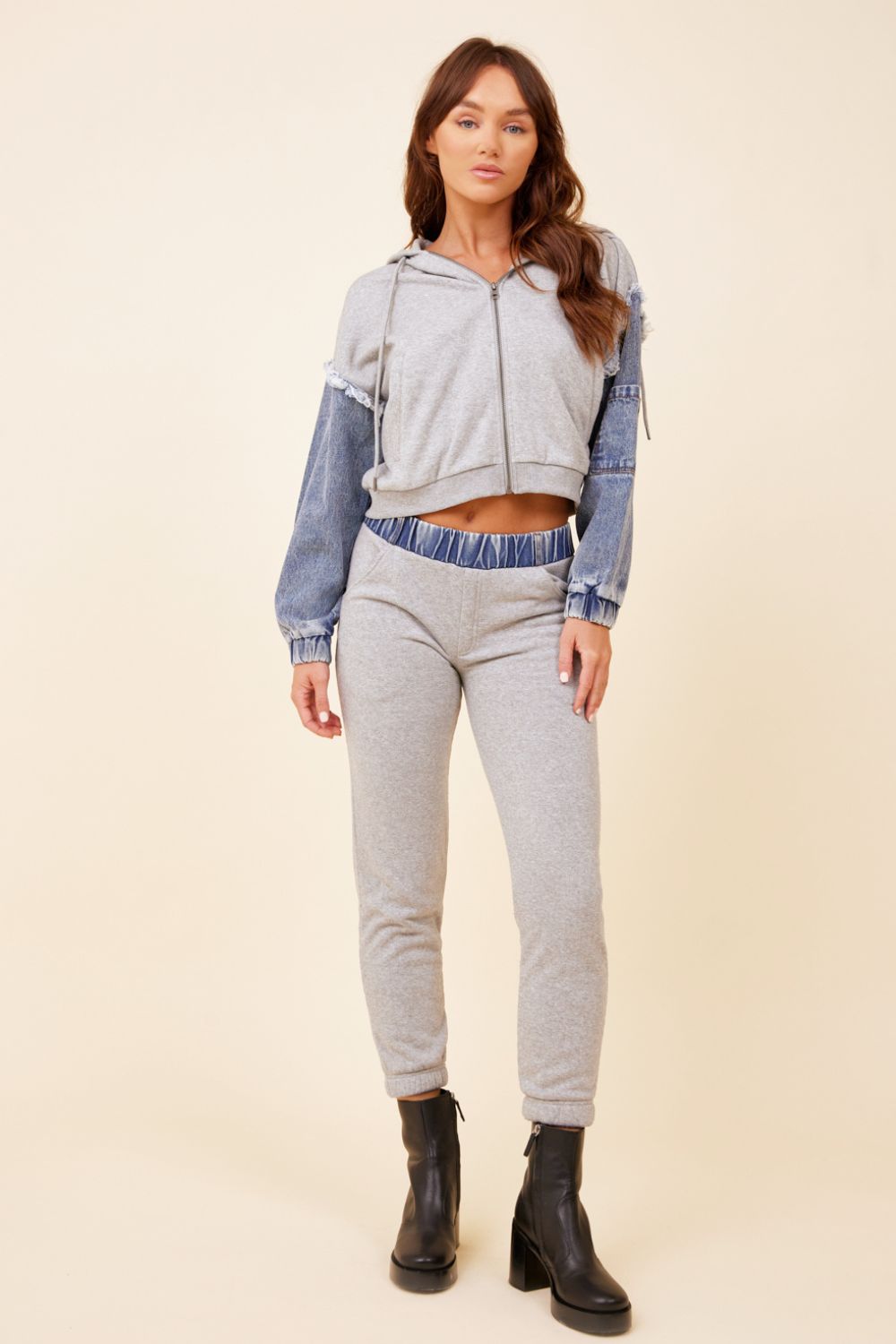 Heathered Grey & Washed Denim Fleece Combo Zip Up Hoodie sold by Vintage Havana product image thumbnail 3