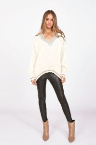 Ivory Varsity Fleece V-Neck Sweater sold by Vintage Havana
