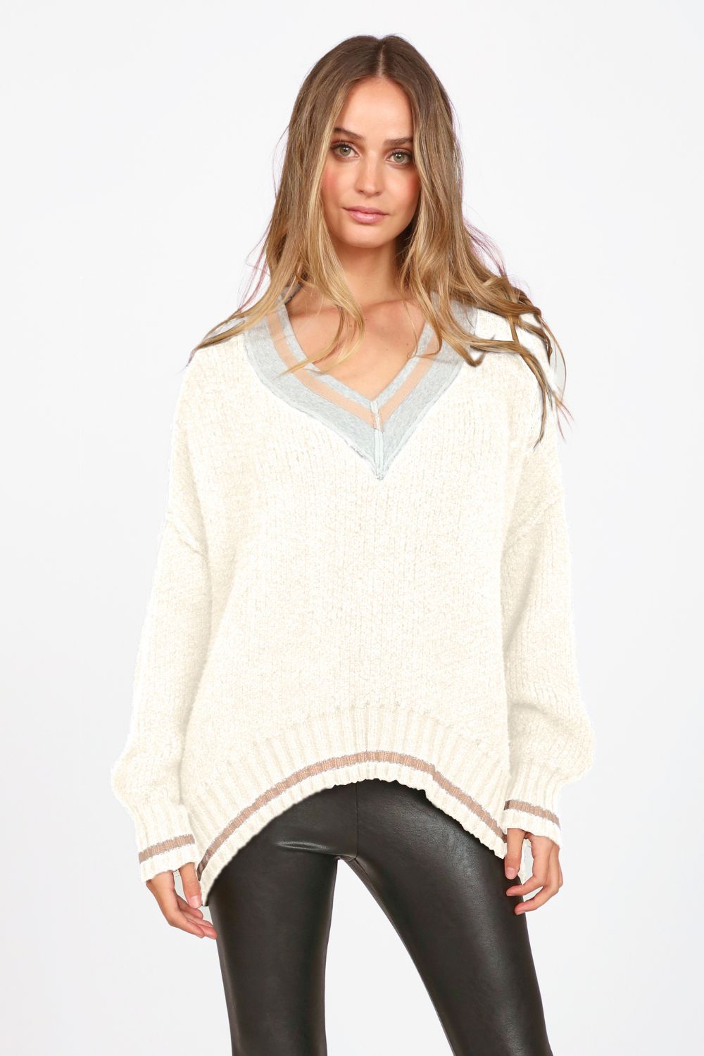 Ivory Varsity Fleece V-Neck Sweater sold by Vintage Havana