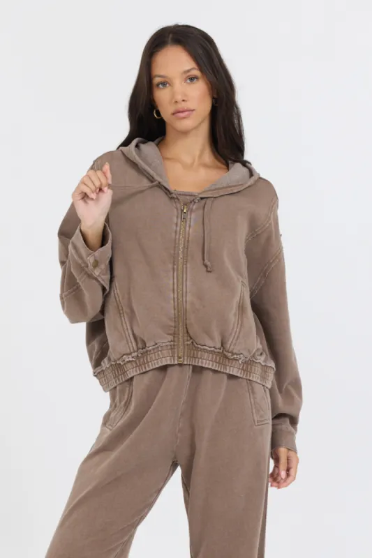 Washed Mocha Garment Dye French Terry Zip Up Hoodie sold by Vintage Havana