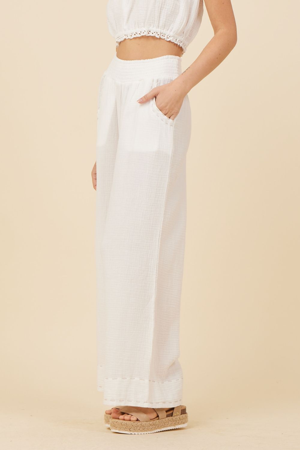 White Gauze w/ Jersey Combo Wide Leg Pant sold by Vintage Havana