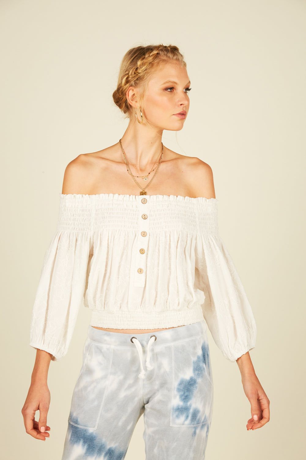 Ivory Smocked Off Shoulder Top sold by Vintage Havana