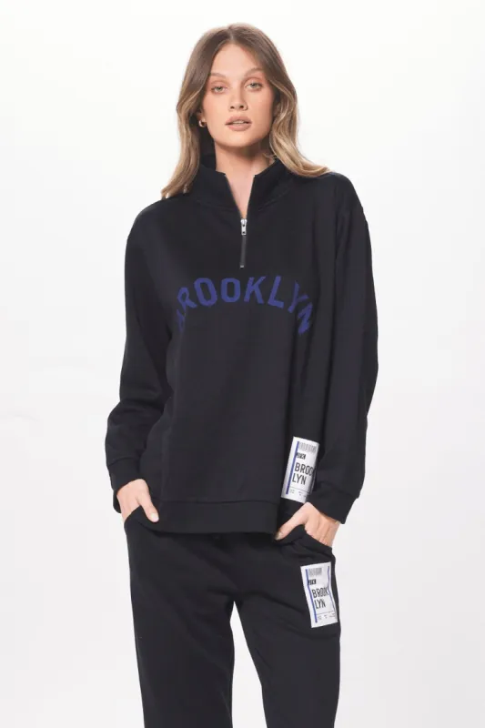 Black w/ Blue Brooklyn Boarding Pass Quarter Zip made by Vintage Havana