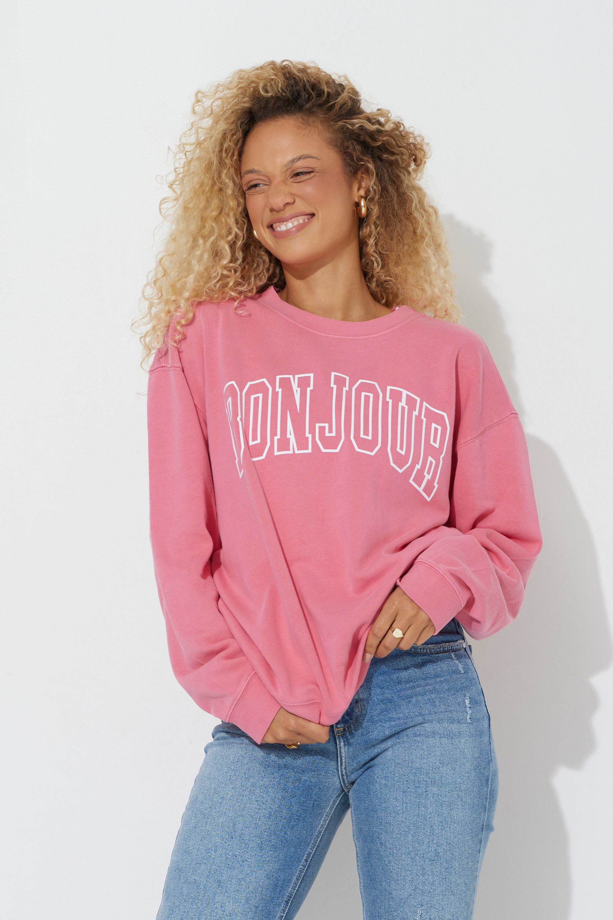 Red "Bonjour" Pigment Dyed Crewneck sold by Vintage Havana