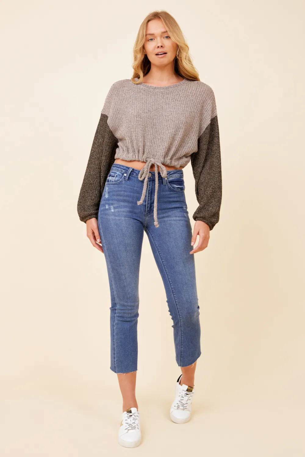 Light Grey w/ Charcoal Tie Front Color Block Sweater sold by Vintage Havana product image thumbnail 3