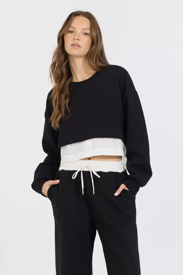 Black/ White Essential Fleece Crewneck W/ Poplin Insert sold by Vintage Havana