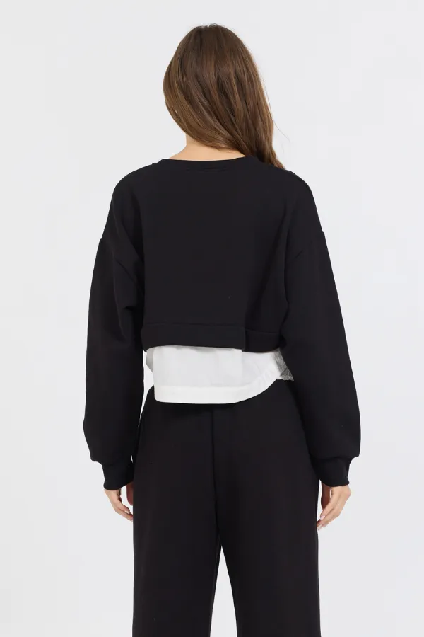 Black/ White Essential Fleece Crewneck W/ Poplin Insert sold by Vintage Havana product image thumbnail 2