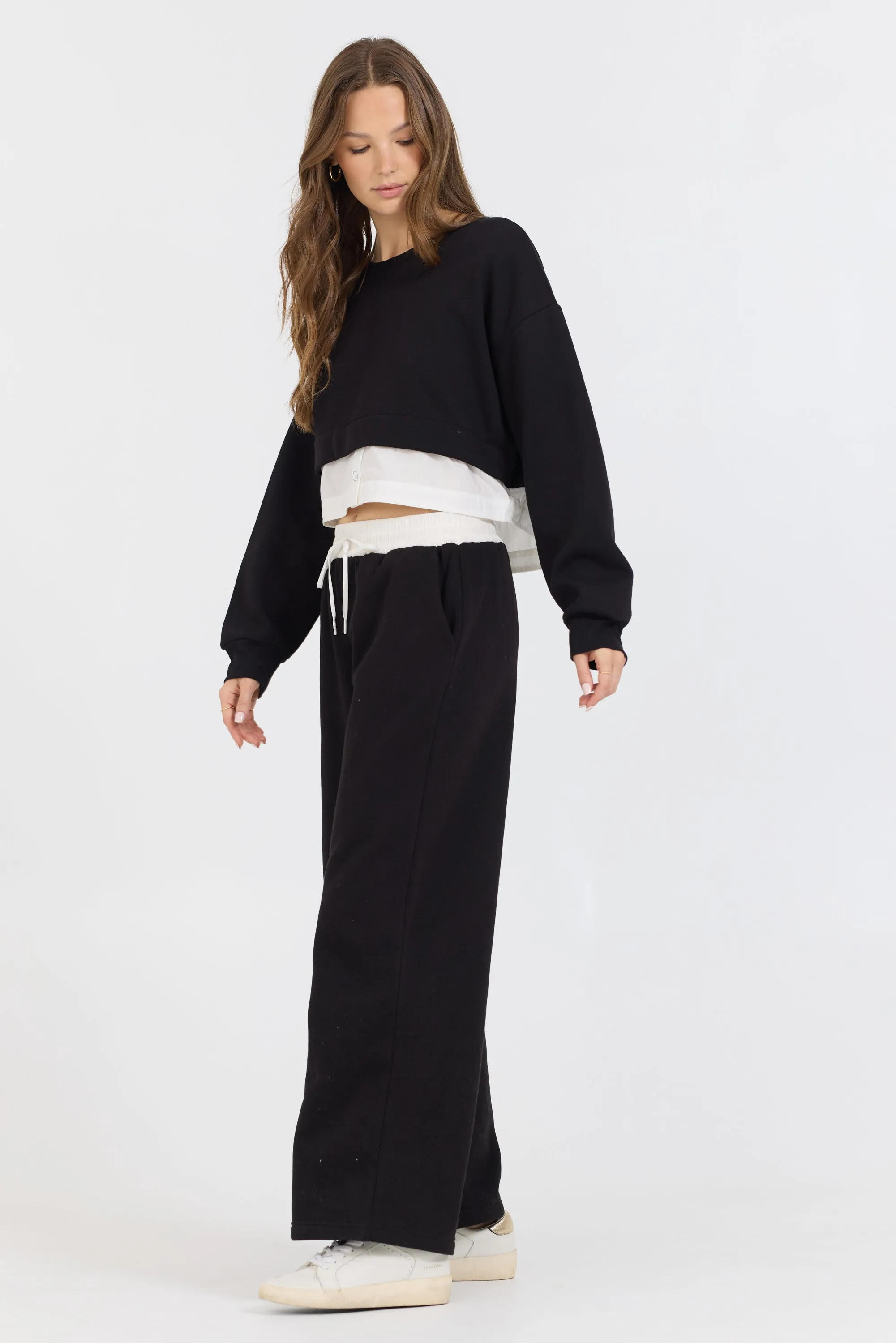 Black/ White Essential Fleece Crewneck W/ Poplin Insert sold by Vintage Havana product image thumbnail 3