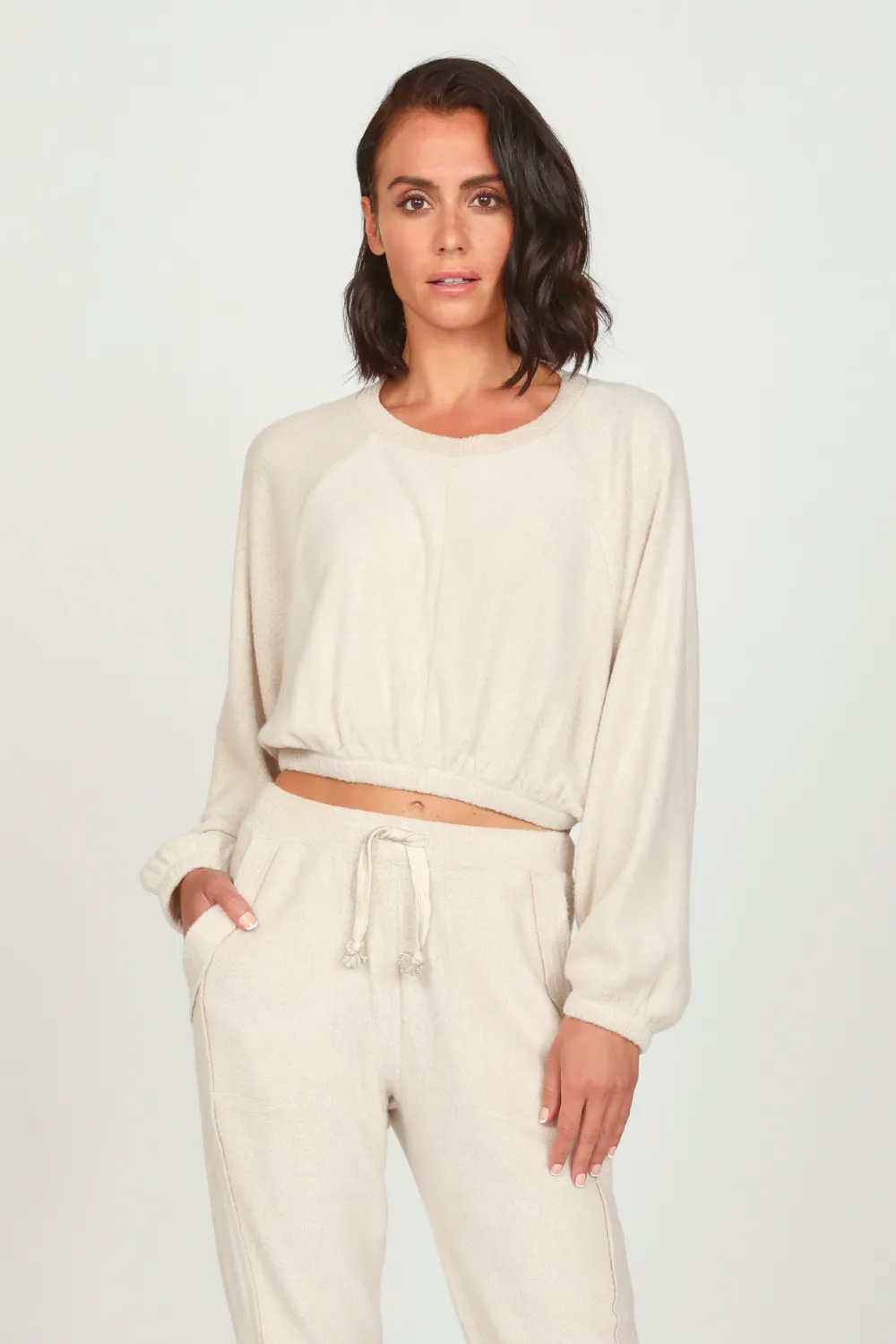 Oatmeal Cozy Fleece Elastic Crewneck sold by Vintage Havana