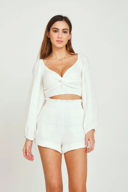 Walk The Line Multi Stripe Gauze Yarn Dye Twist Front Balloon Sleeve Top sold by Vintage Havana