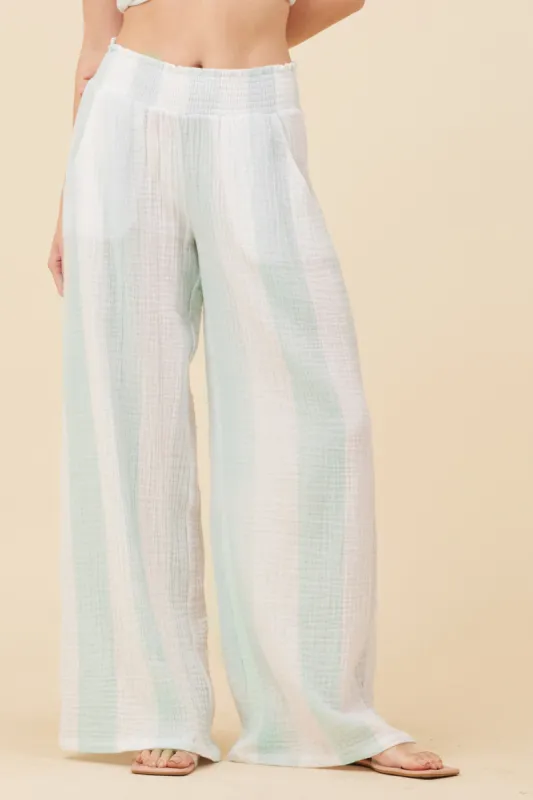 Mint & White Cabana Stripe Gauze Smocked Waist Pants sold by Vintage Havana