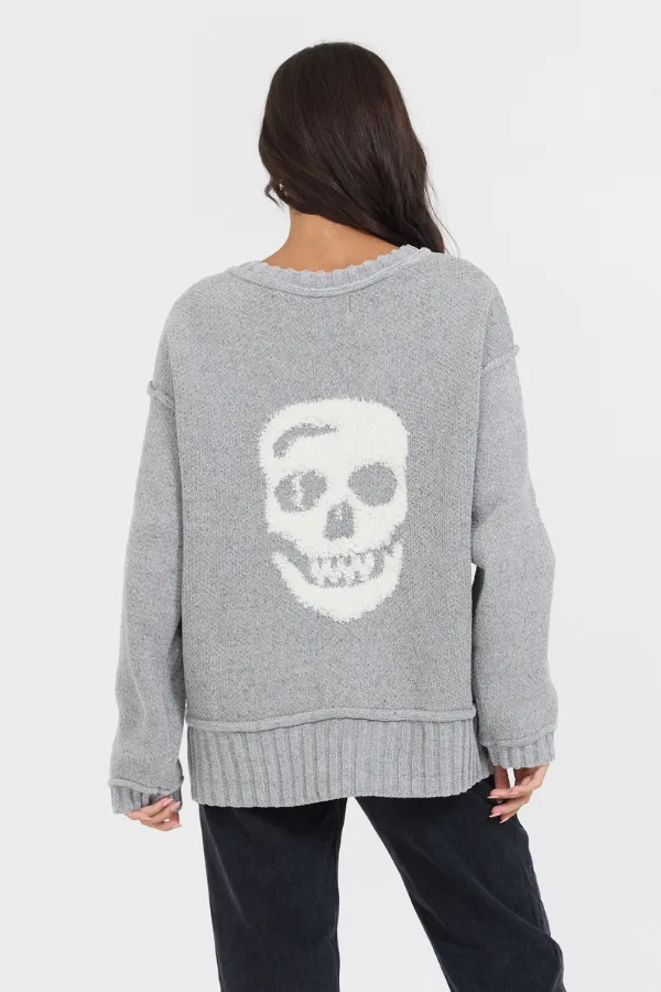 Heather Grey W/ Ivory Jacquard Knit Skull Sweater sold by Vintage Havana product image thumbnail 2
