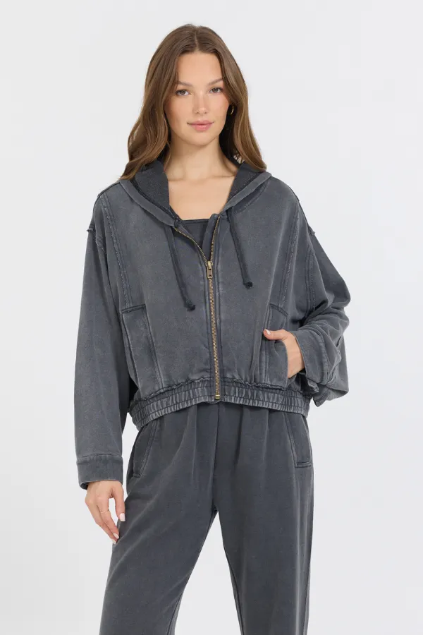 Washed Charcoal Garment Dye French Terry Zip Up Hoodie sold by Vintage Havana