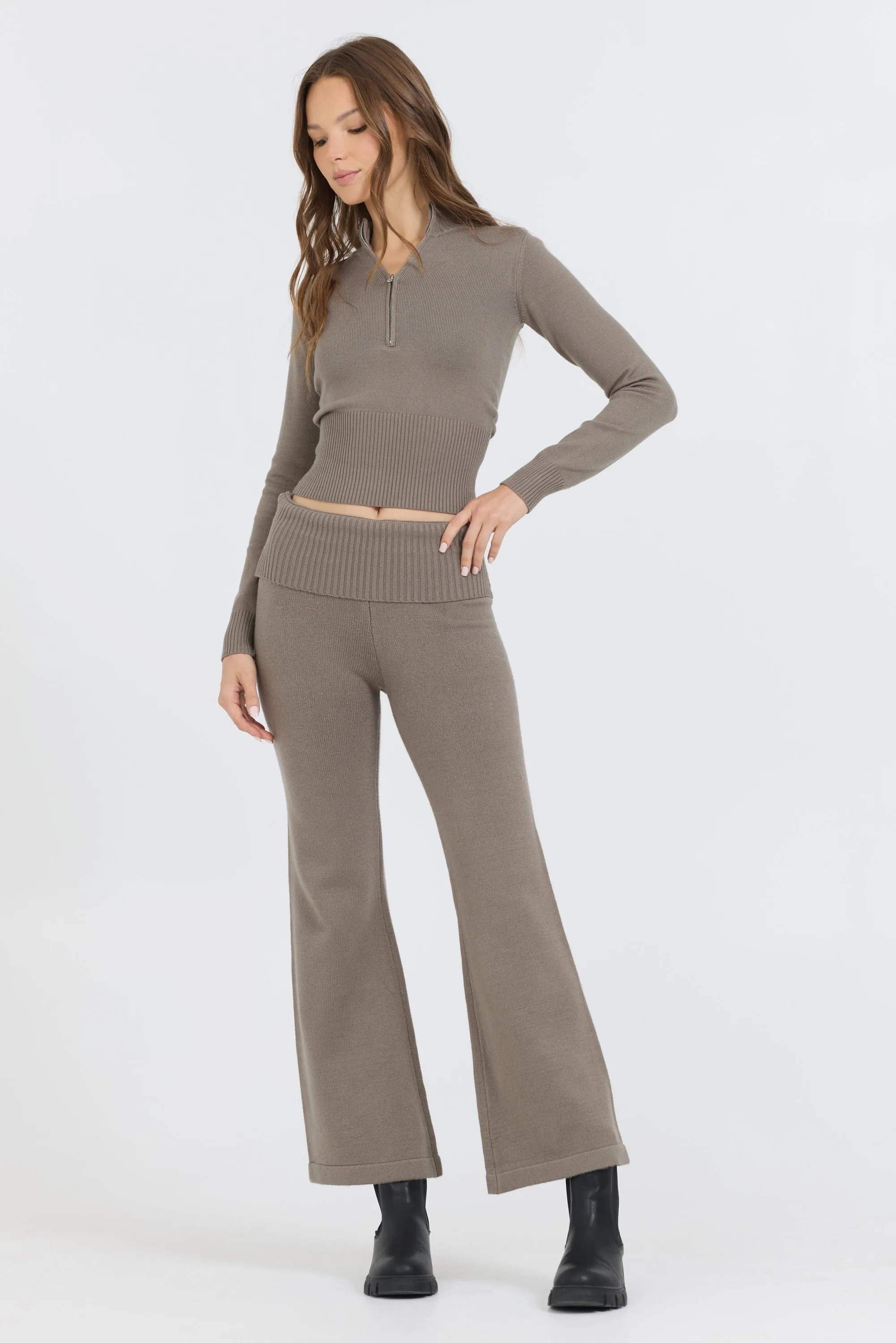 Olive Grey Slim Fit Knit Fold Over Flare Pant sold by Vintage Havana product image thumbnail 4