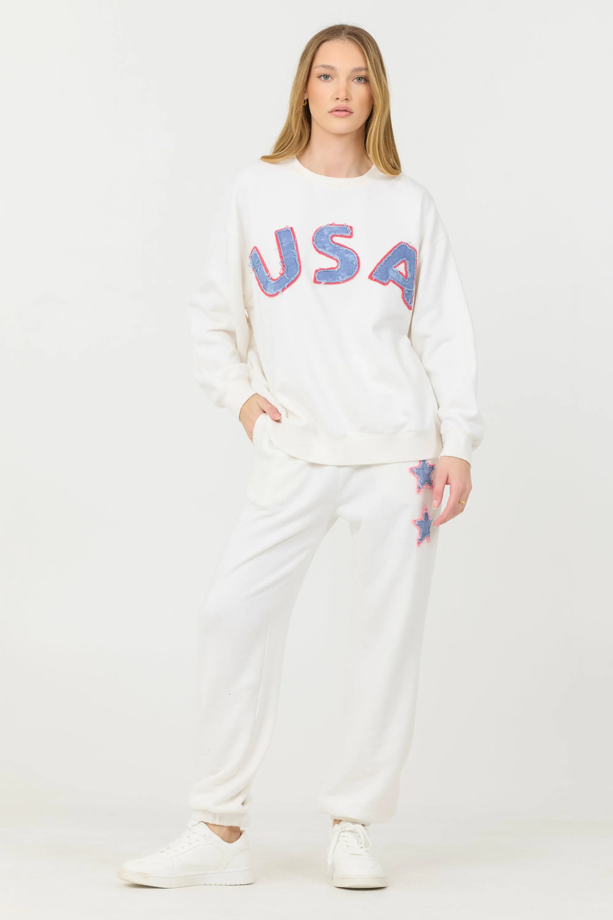 White w/ Blue Applique French Terry Joggers sold by Vintage Havana product image thumbnail 3