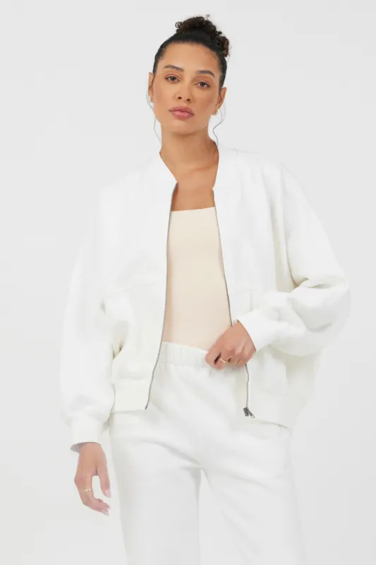 White Essential Fleece Zip Up Bomber sold by Vintage Havana