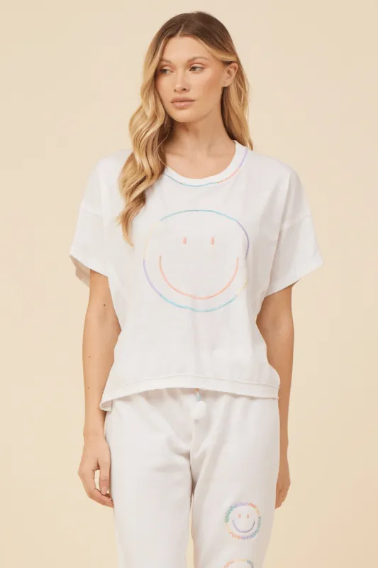 Bright White w/ Sorbet Embroidered Smiley Face Tee sold by Vintage Havana
