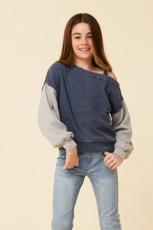 Navy/Grey Ribbed One Shoulder Colorblock Top sold by Vintage Havana