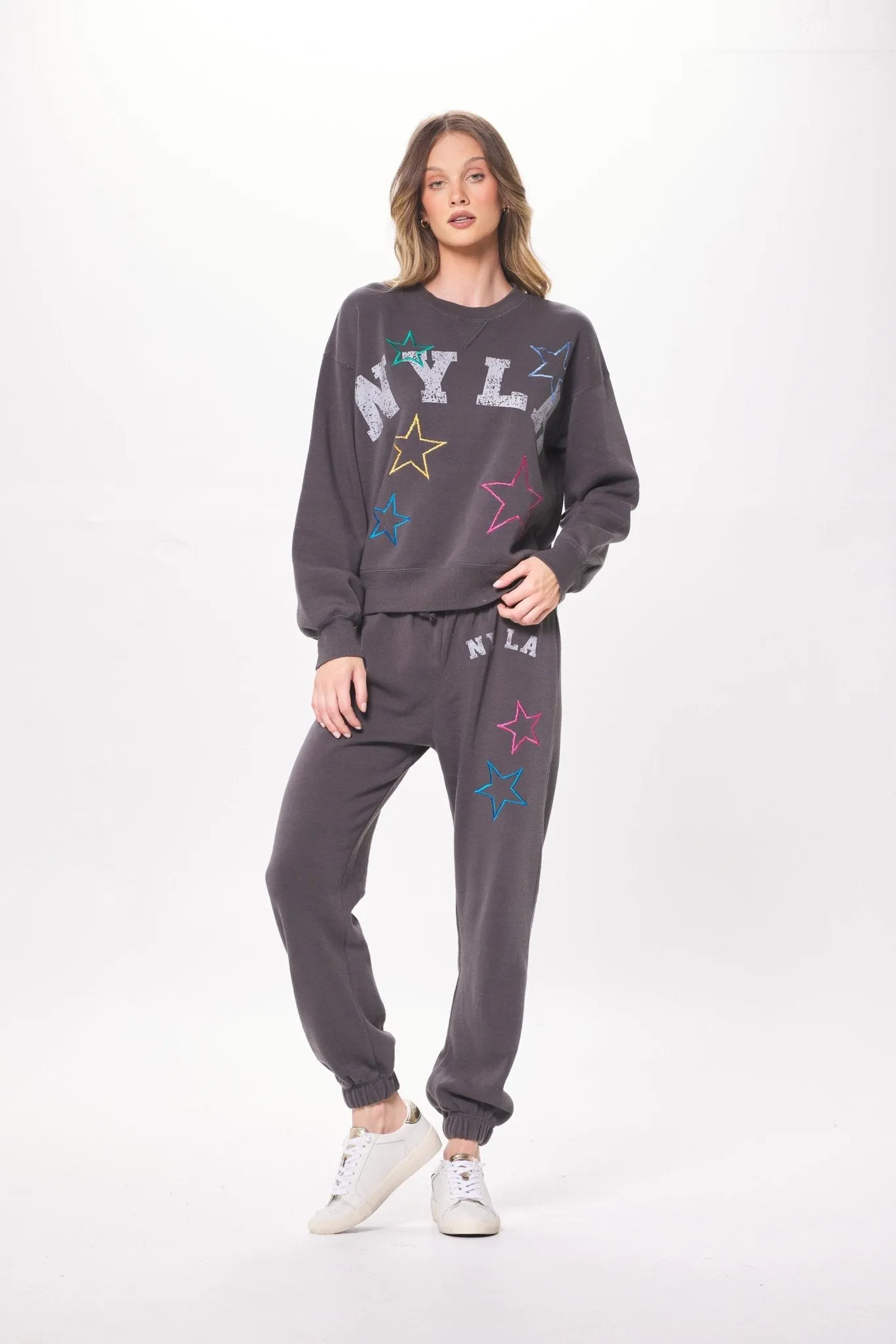 Cool Charcoal w/ Star Embroidery Fleece Joggers sold by Vintage Havana product image thumbnail 3