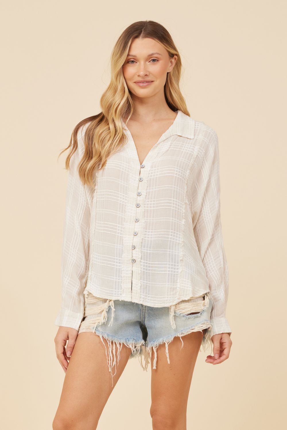 Ivory Beige Plaid Raw Edge Button Up Shirting sold by Vintage Havana