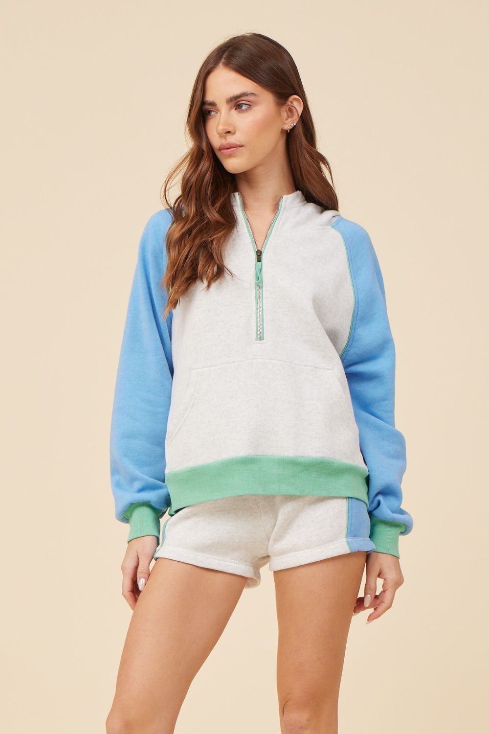 Heather Grey French Blue Surf Green Colorblock Quarter Zip Hoodie sold by Vintage Havana