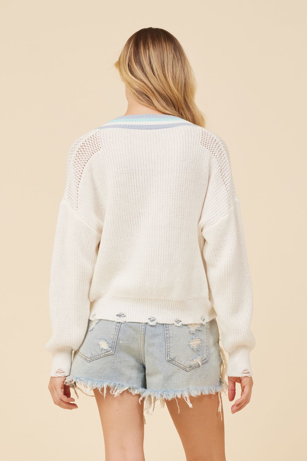 White Dusty Blue Aqua Combo V-neck Sweater sold by Vintage Havana product image thumbnail 2