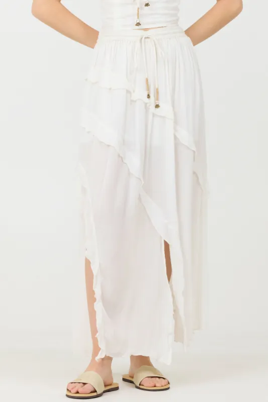 Clean White Rayon Crinkle Ruffle Maxi Skirt sold by Vintage Havana