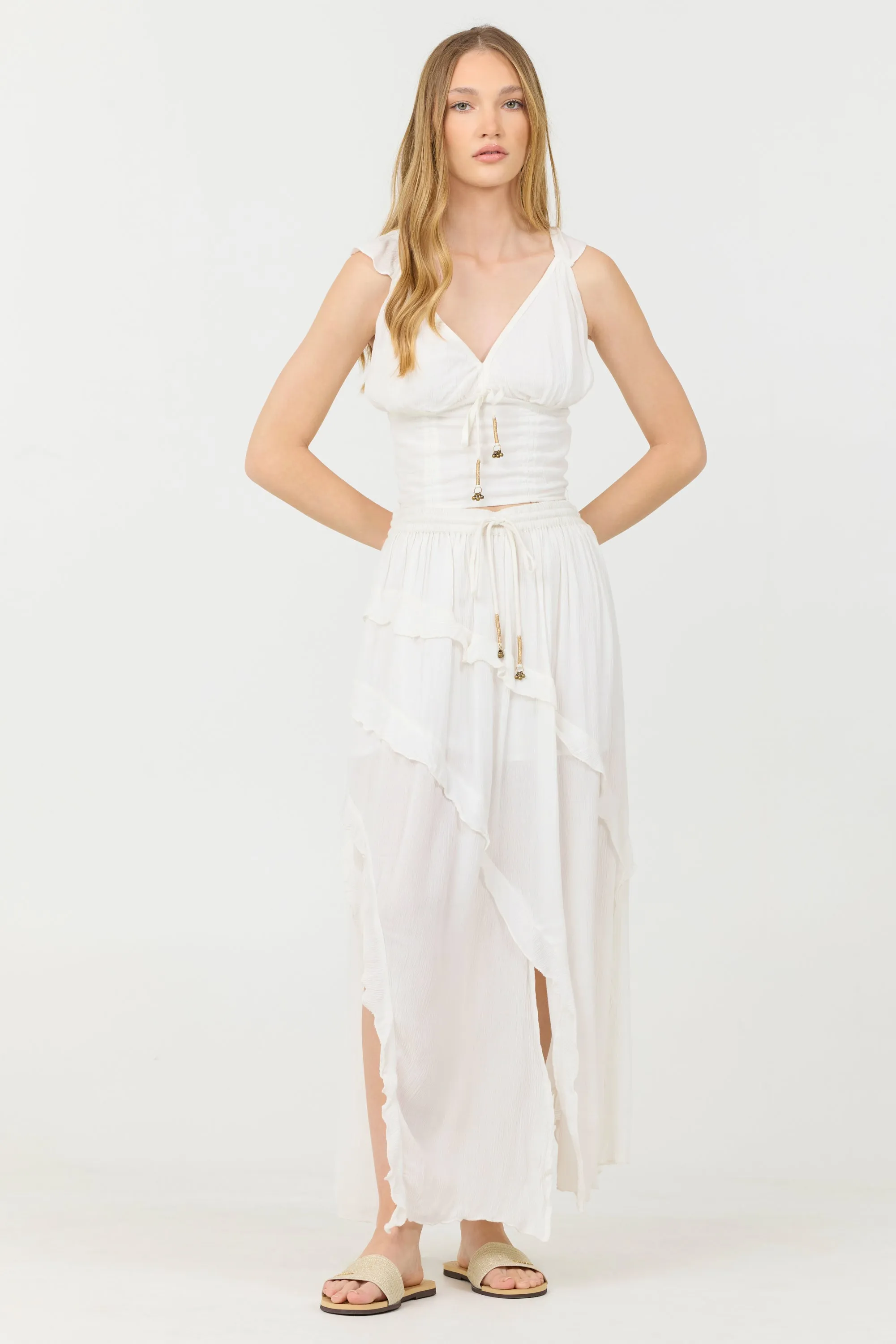 Clean White Rayon Crinkle Ruffle Maxi Skirt sold by Vintage Havana product image thumbnail 3