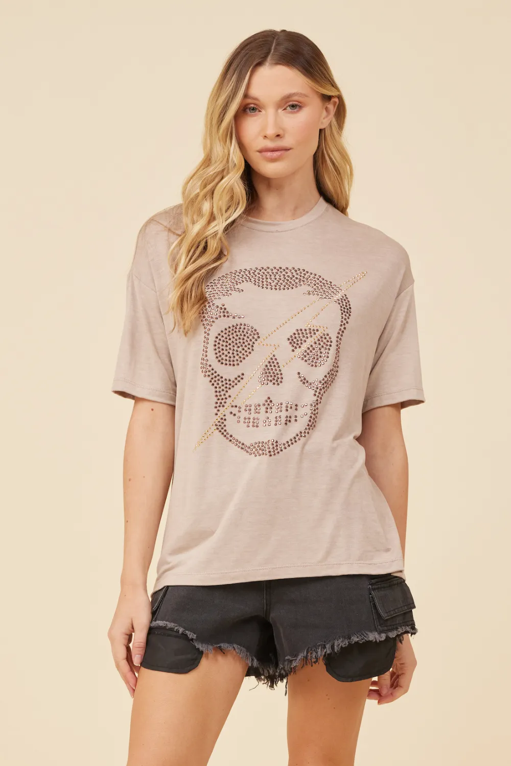 Mushroom w/ Brown & Gold Rhinestones Two Tone Skull Tee sold by Vintage Havana