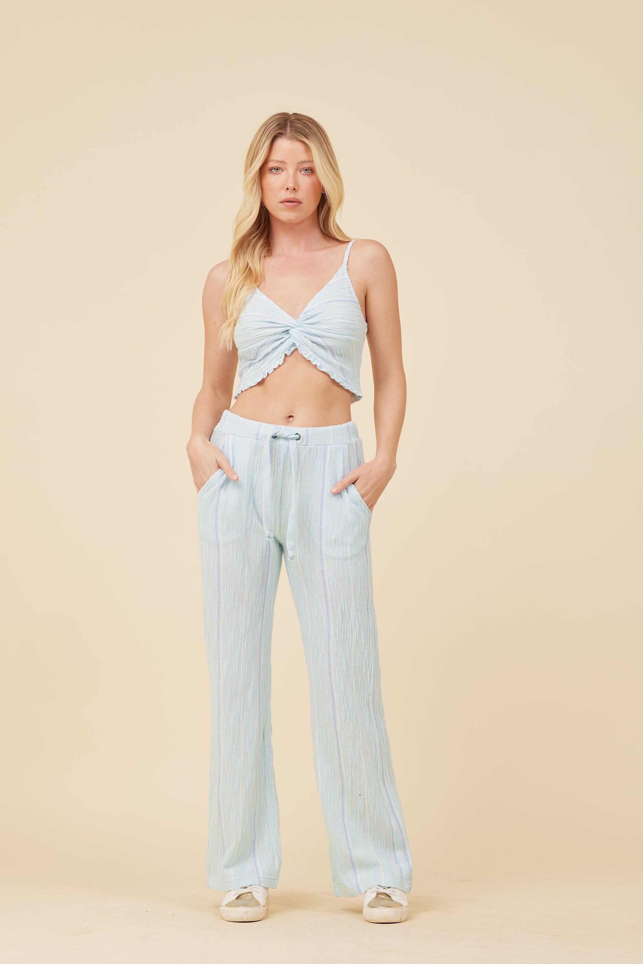 Soft Blue w/ Mixed Stripes Textured Flared Pants sold by Vintage Havana product image thumbnail 3