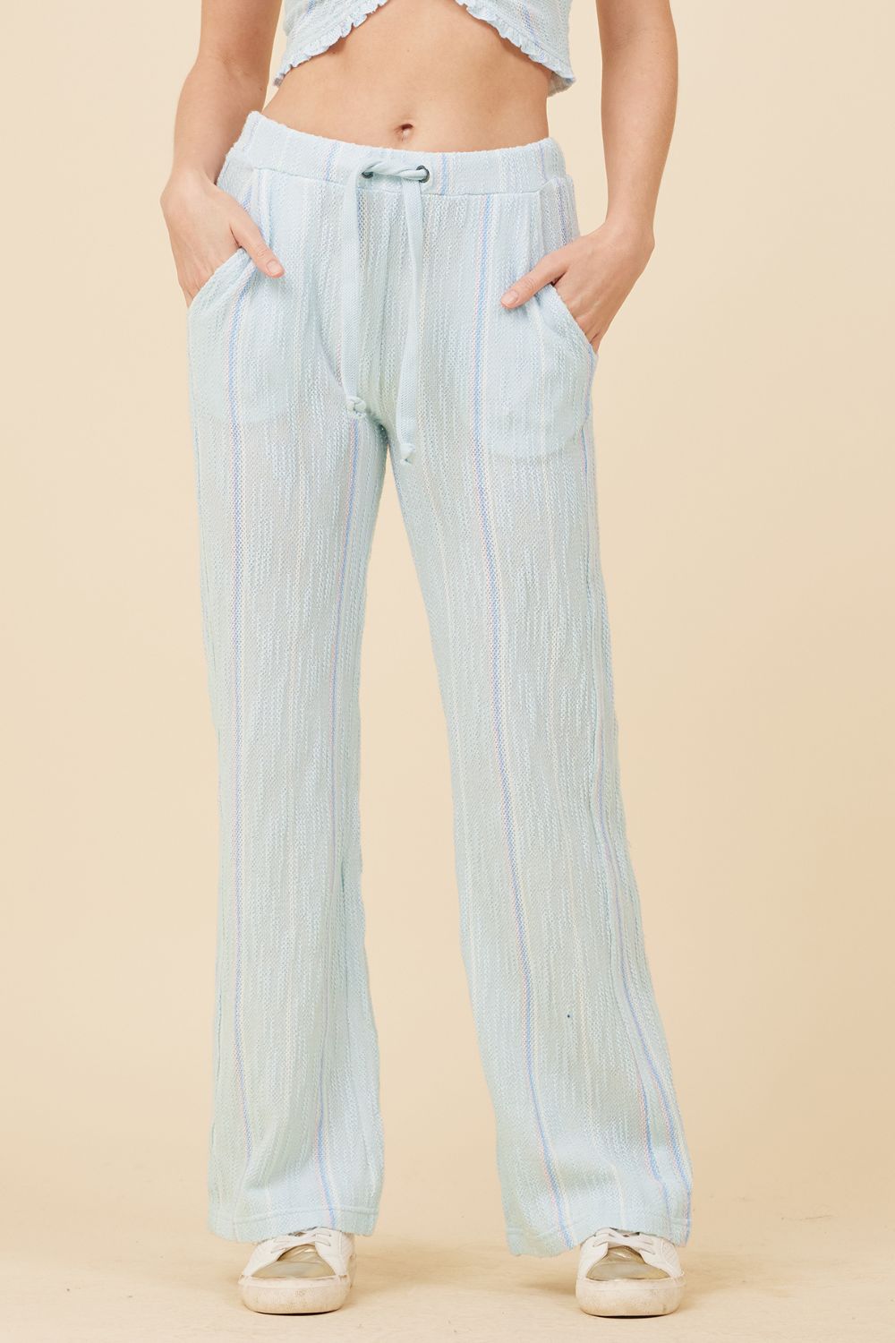 Soft Blue w/ Mixed Stripes Textured Flared Pants sold by Vintage Havana