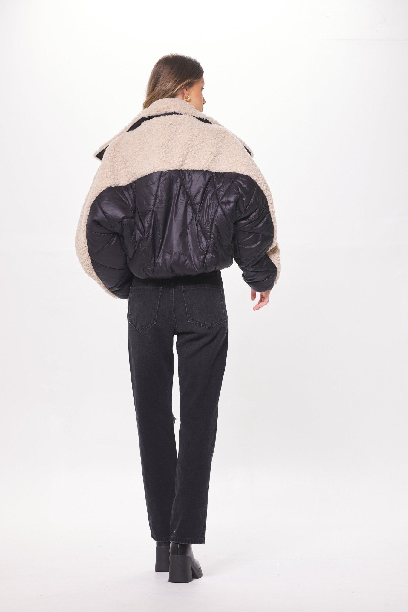 Black & Cream Mixed Media Puffer Shearling Jacket sold by Vintage Havana product image thumbnail 4