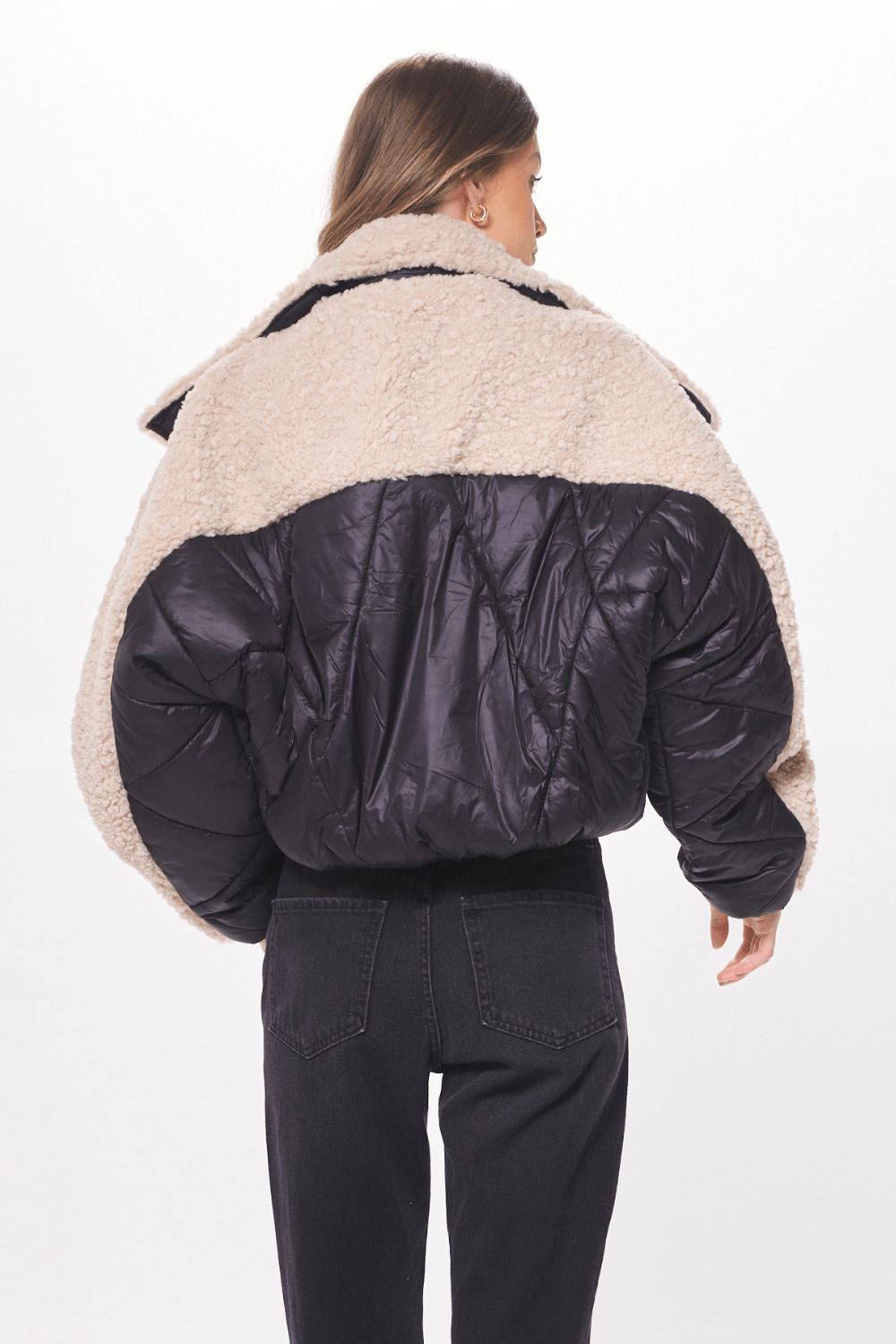 Black & Cream Mixed Media Puffer Shearling Jacket sold by Vintage Havana product image thumbnail 2