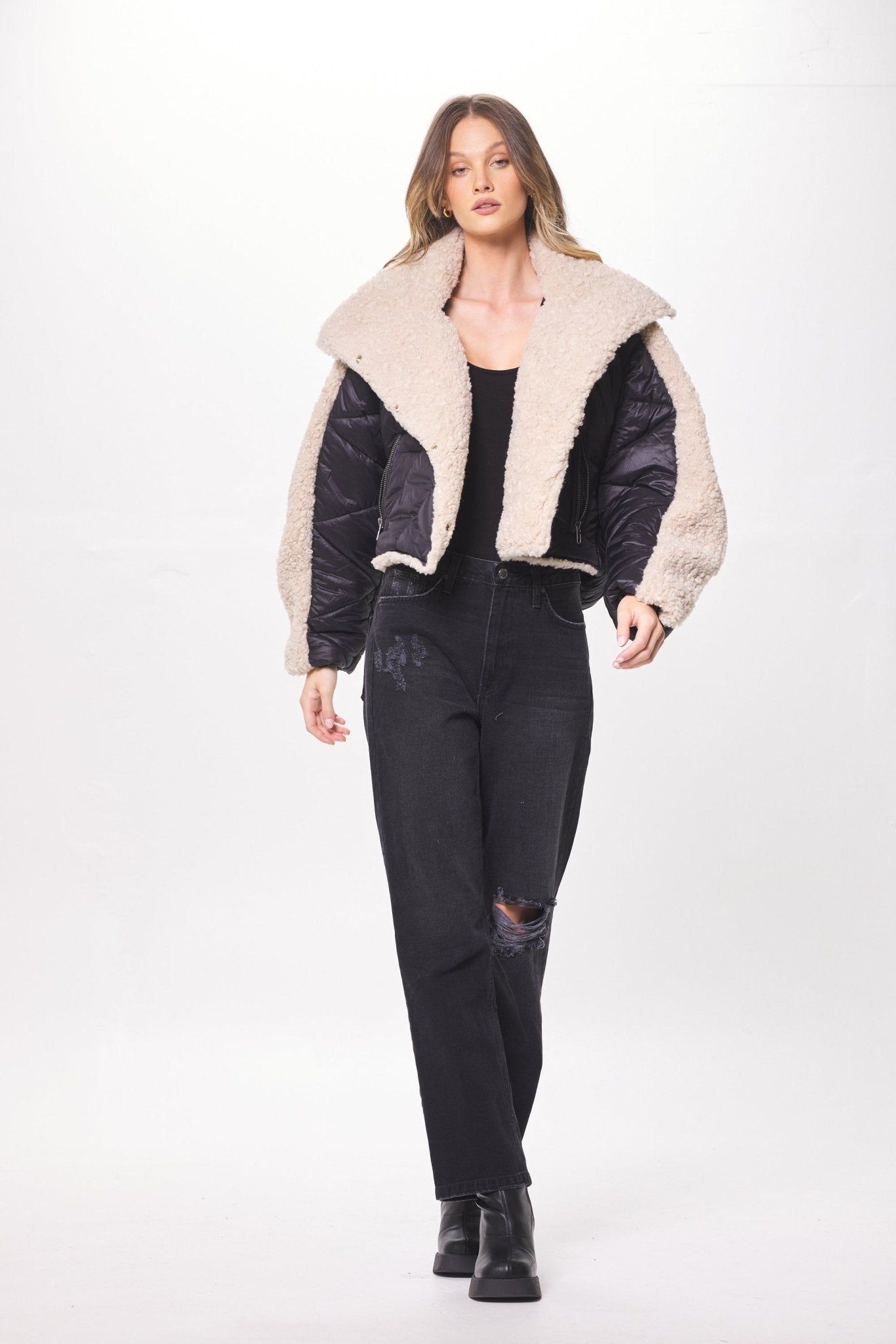 Black & Cream Mixed Media Puffer Shearling Jacket sold by Vintage Havana product image thumbnail 3