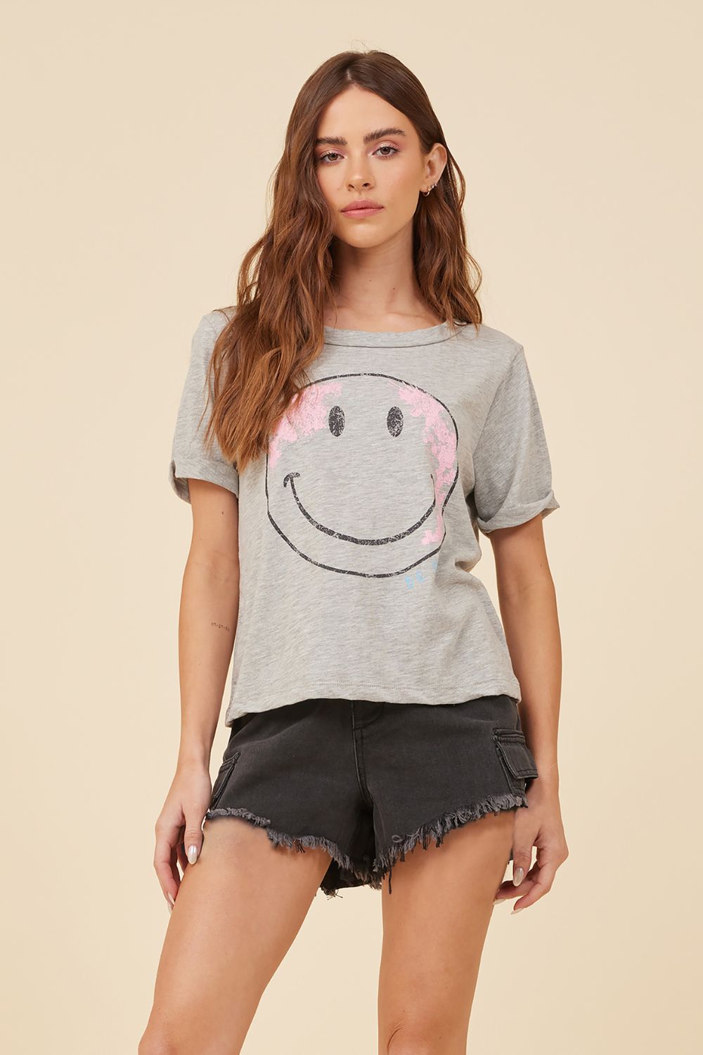 Heather Grey "Be Happy" Distressed Print Tee sold by Vintage Havana