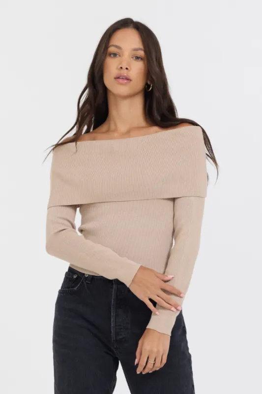 Heather Oatmeal Off Shoulder Sweater sold by Vintage Havana