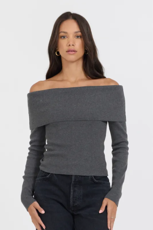 Heather Charcoal Off Shoulder Sweater sold by Vintage Havana