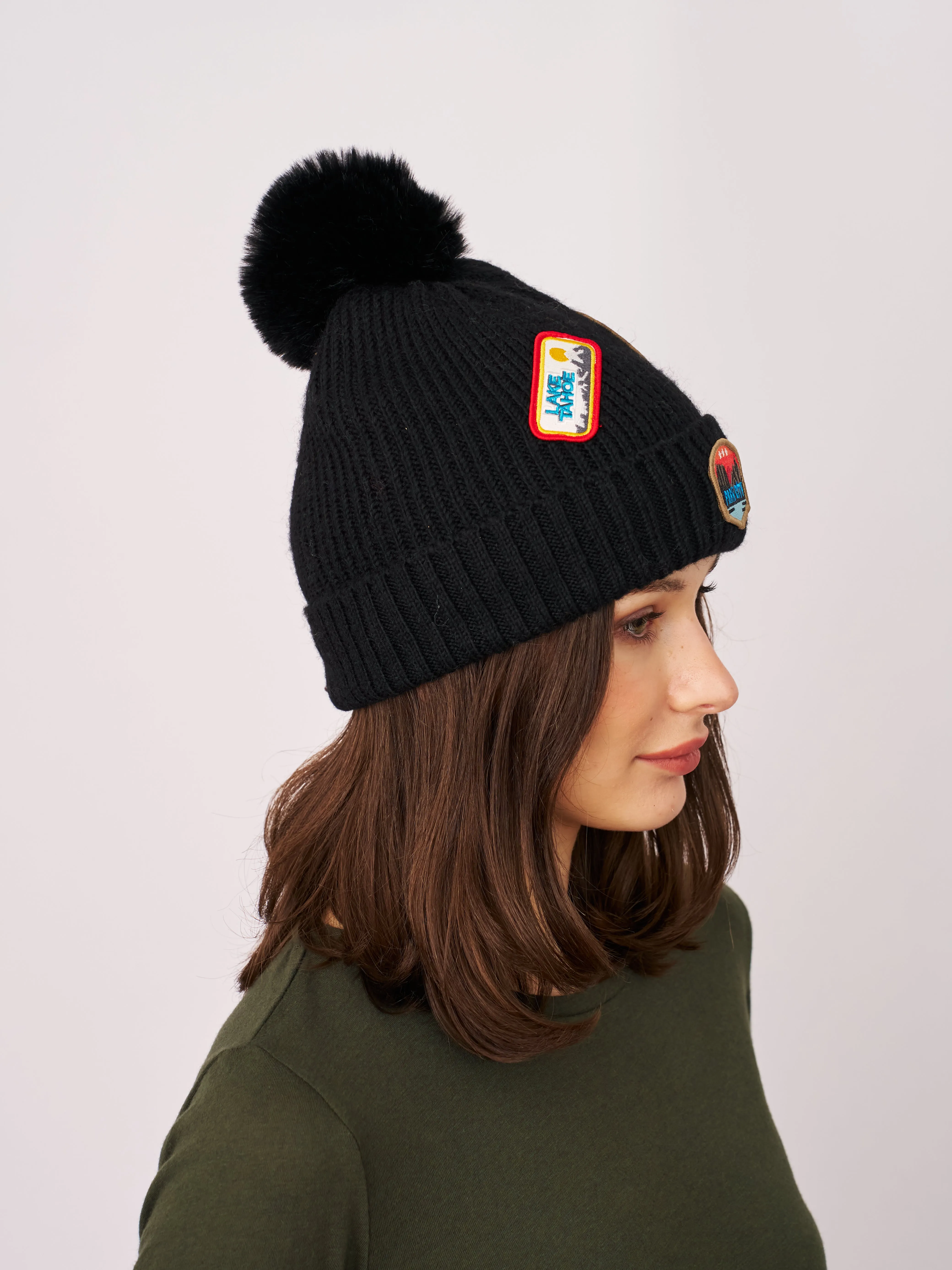 RIBBED POMPOM BEANIE WITH LAKE TAHOE PATCH - BLACK sold by Vintage Havana product image thumbnail 3
