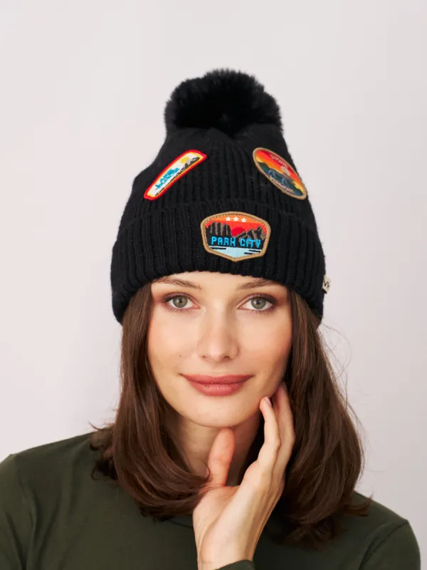 RIBBED POMPOM BEANIE WITH LAKE TAHOE PATCH - BLACK sold by Vintage Havana