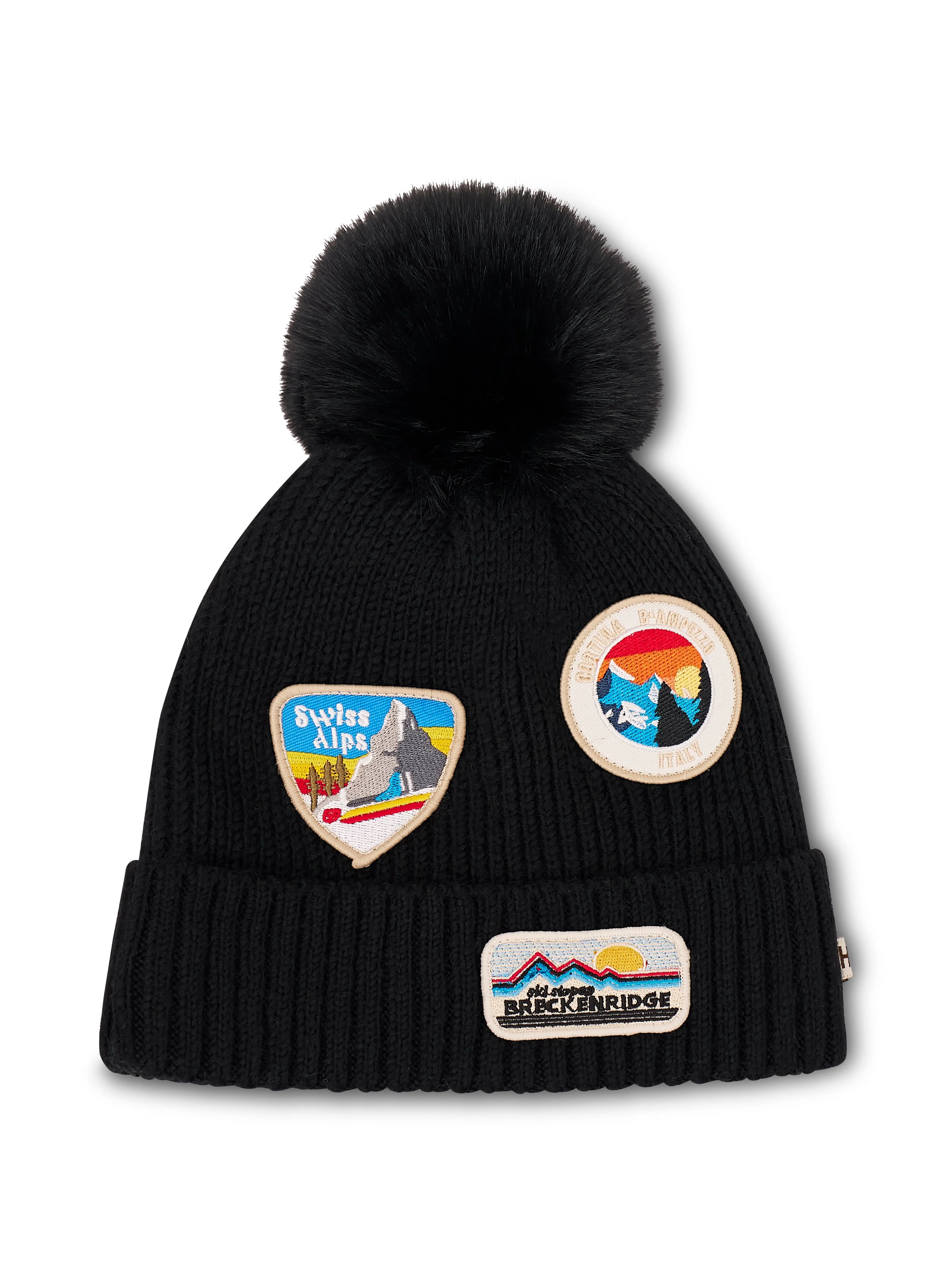 RIBBED POMPOM BEANIE WITH SWISS ALP PATCH - BLACK sold by Vintage Havana product image thumbnail 4