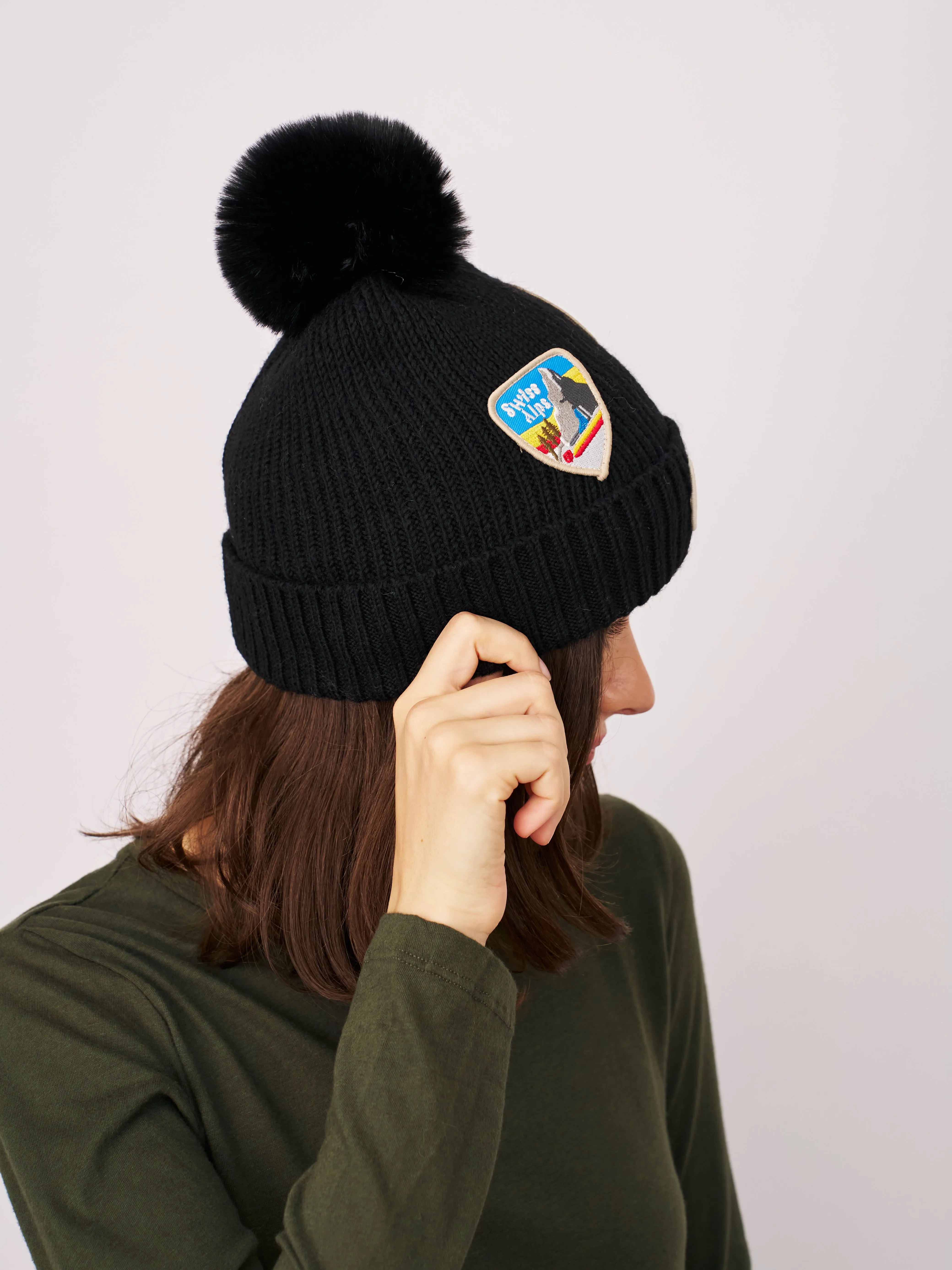 RIBBED POMPOM BEANIE WITH SWISS ALP PATCH - BLACK sold by Vintage Havana product image thumbnail 3