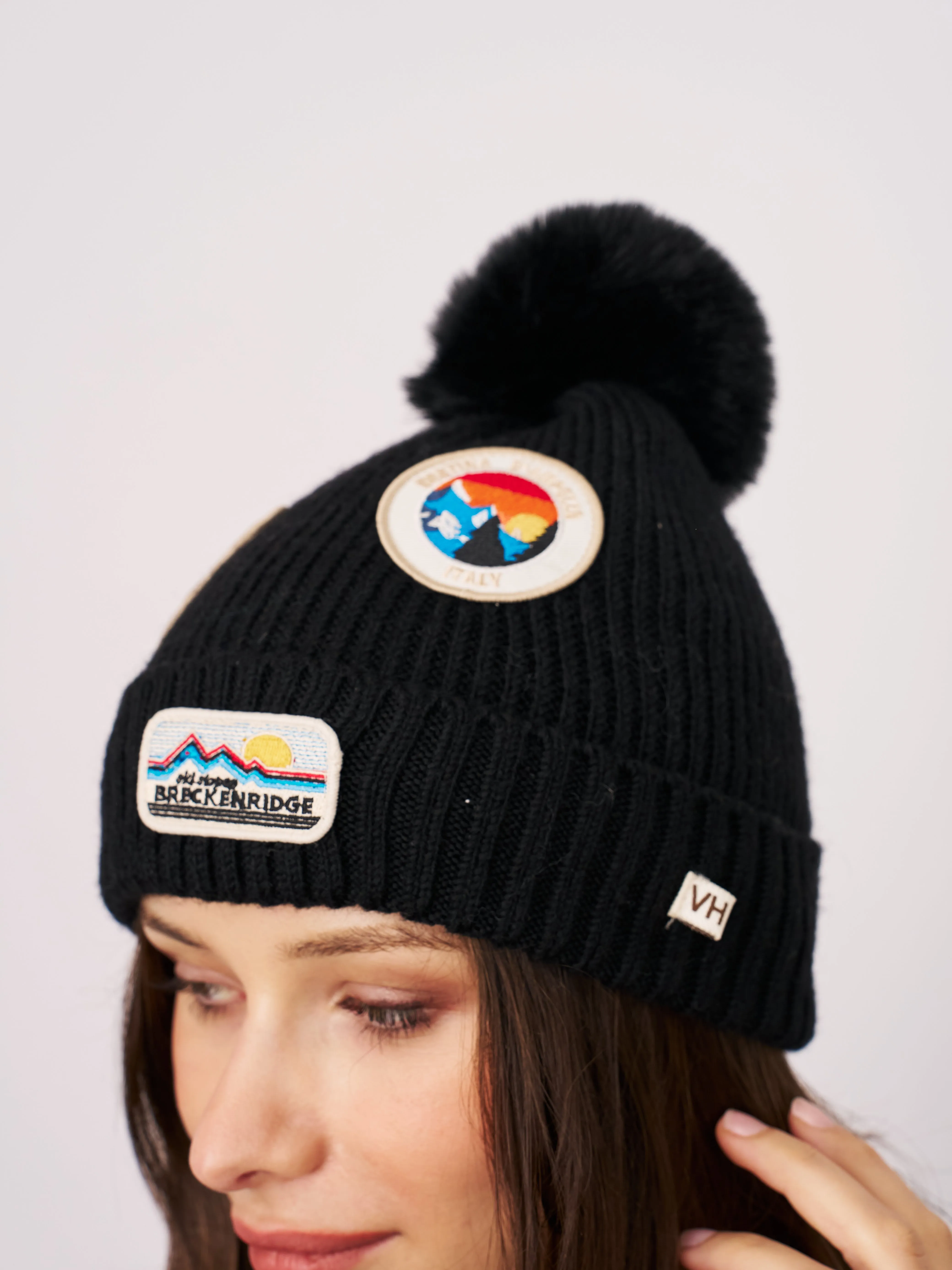 RIBBED POMPOM BEANIE WITH SWISS ALP PATCH - BLACK sold by Vintage Havana product image thumbnail 2