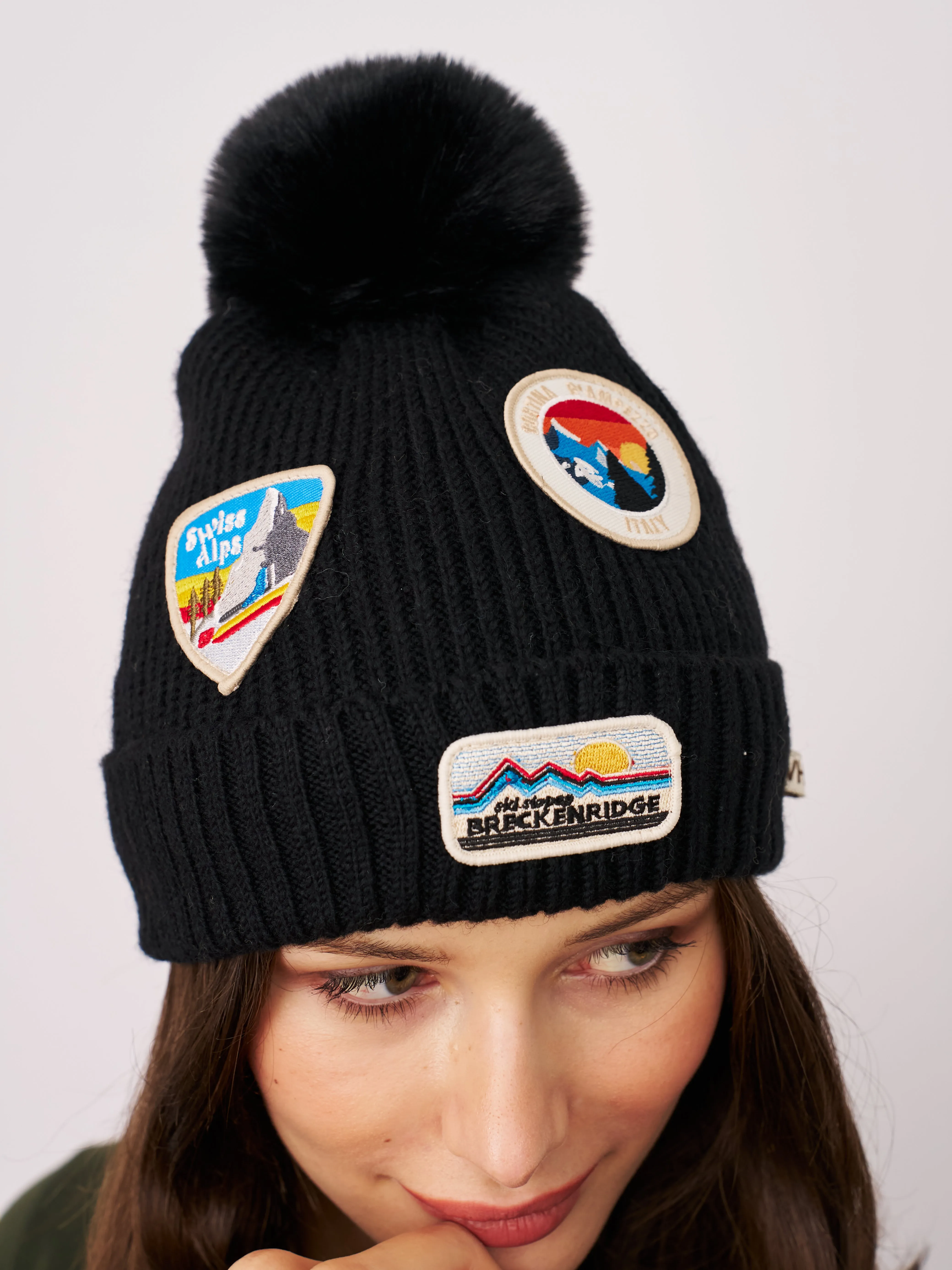 RIBBED POMPOM BEANIE WITH SWISS ALP PATCH - BLACK sold by Vintage Havana